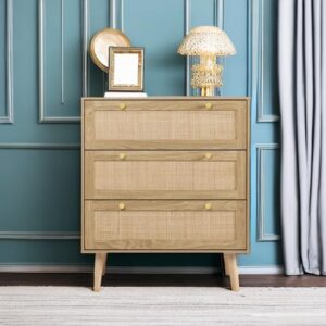 Anmytek Rattan Dresser for Bedroom, Modern Wood 3 Drawer Dresser