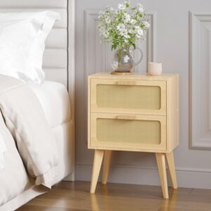 YAUKOMEL Rattan Nightstand Set of 2, Wood End Table, Side Table with 2 Hand Made Rattan Decorated Drawers