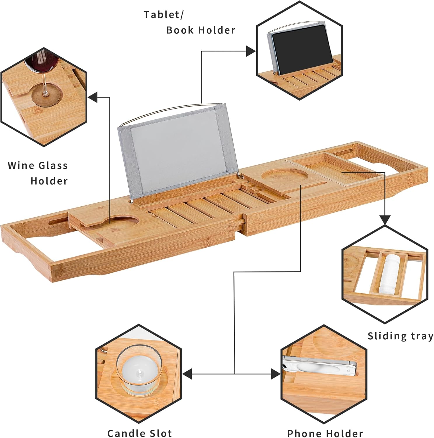 Utoplike Bathtub Caddy Tray, Bamboo Tub Tray - Image 6
