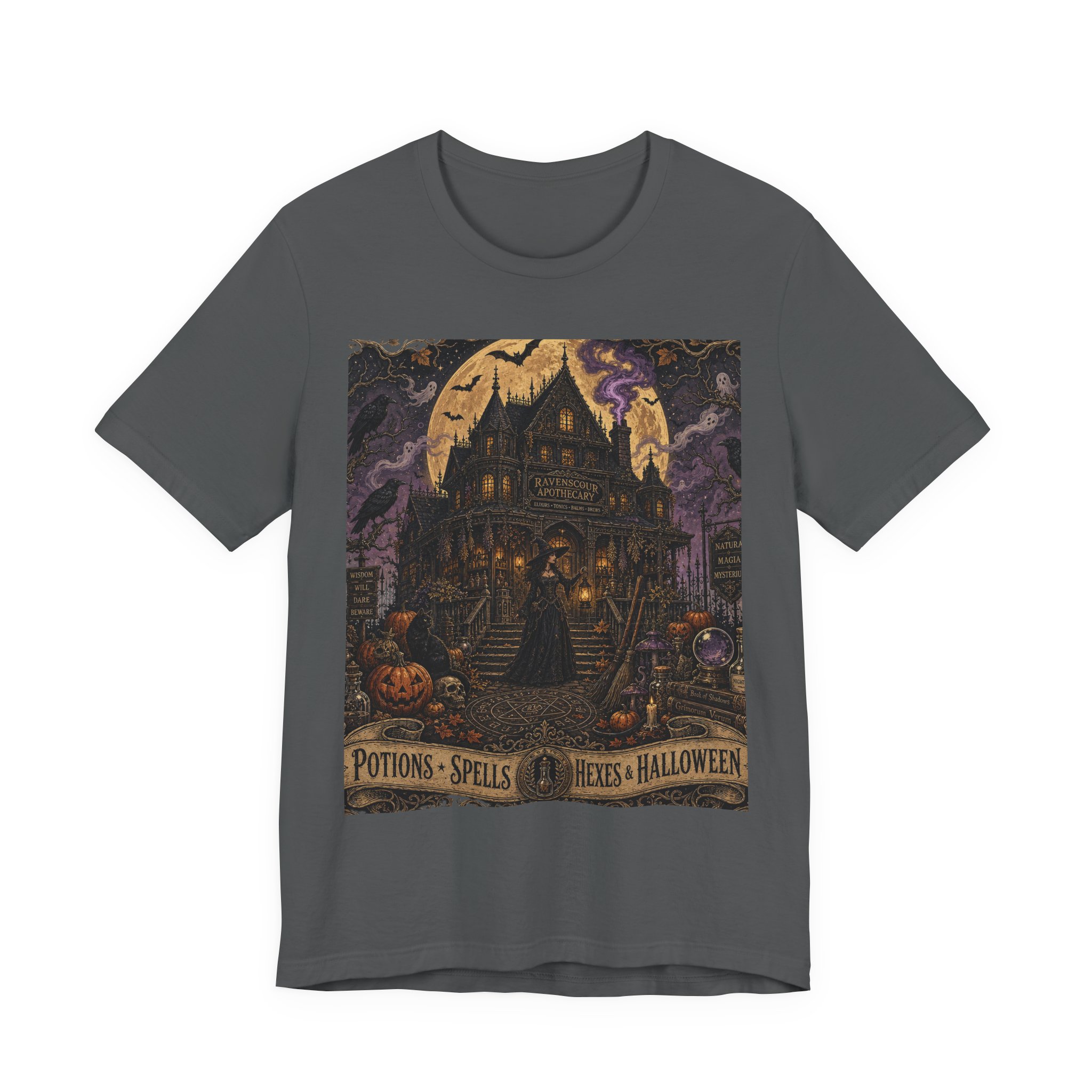 Halloween Haunted House T‑Shirt — "Potions · Spells · Witches · Halloween" Vintage Gothic Tee - Image 2