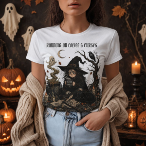Witch Coffee Tee — "Running on Coffee & Curses" Graphic T-Shirt