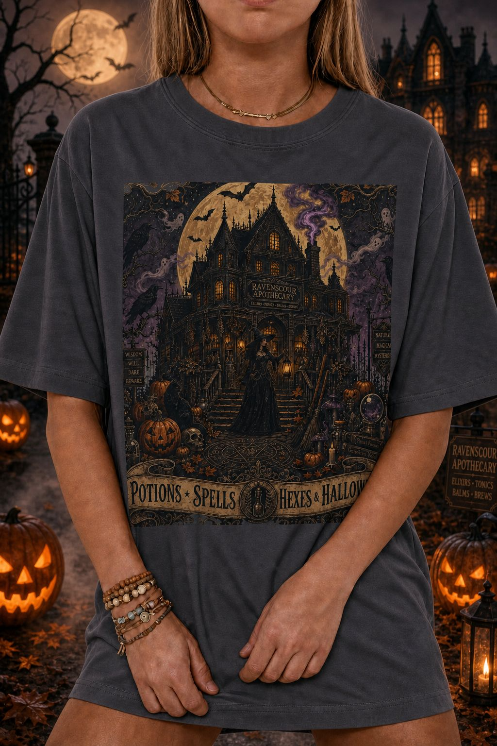 Halloween Haunted House T‑Shirt — "Potions · Spells · Witches · Halloween" Vintage Gothic Tee